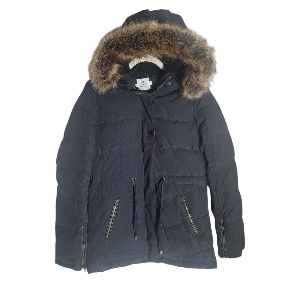 Volcom Fur Trim Waterproof Puffer Jacket Womens Small Black 50% Down Fill Skiing